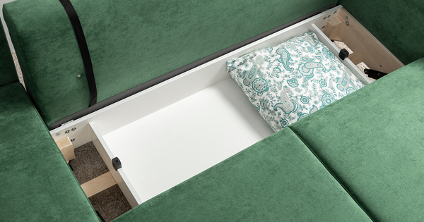 Диван-кровать угловой Арно ТД 566 велюр Лаки 20 хвойный зеленый, Vertical 910 молочно-серый, сборка на любую сторону