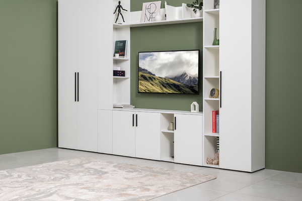 Тумба под ТВ Эйр 16.55 белый PE шагрень, собирается на любую сторону