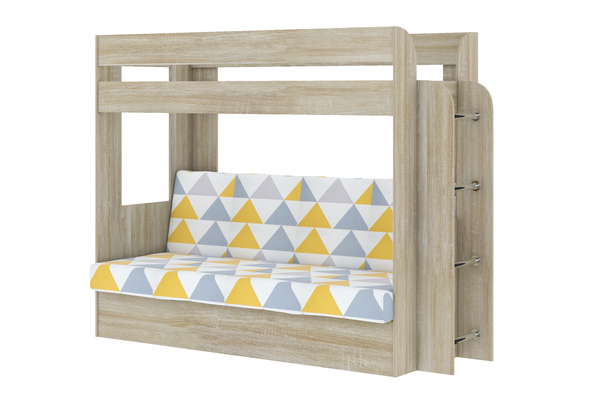 Кровать детская двухъярусная Карамель 75 Дуб Сонома, диван - велюр OTTO YELLOW желтые треугольники (сборка на любую сторону) спальное место верх 80х190, низ 120х185