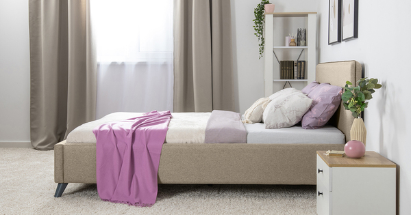 Кровать Миа 160 рогожка бежево-коричневый, кант желтовато-коричневый с ортопедическим основанием и подъемным механизмом