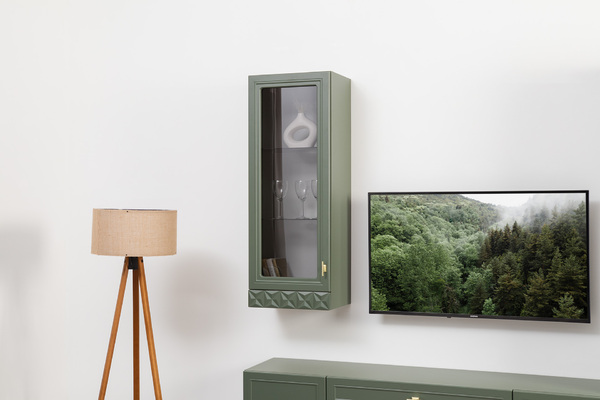 Шкаф навесной Марион 16.334 дымчатый зеленый K521, олива шагрень AG 1050 ПВХ (собирается на любую сторону)