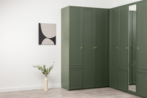 Шкаф-пенал Марион 16.340.01 дымчатый зеленый K521, олива шагрень AG 1050 ПВХ (собирается на любую сторону)