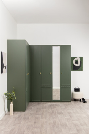 Шкаф угловой Марион 16.339 дымчатый зеленый K521, олива шагрень AG 1050 ПВХ (собирается на любую сторону)