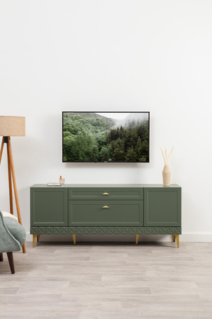 Гостиная Марион композиция 2 дымчатый зеленый K521, олива шагрень AG 1050 ПВХ, белый PE шагрень (собирается на любую сторону)