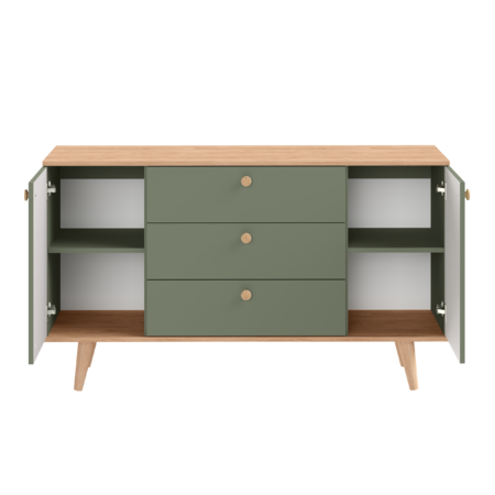 Комод Маттиас 16.245 дымчатый зеленый K521, гикори рокфорд натуральный KO86 PW, белый PE шагрень, фотопечать