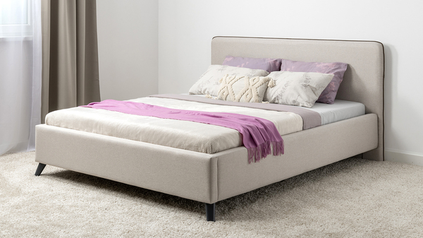 Кровать Миа 160 рогожка светло-бежевый, кант желтовато-коричневый с ортопедическим основанием и подъемным механизмом