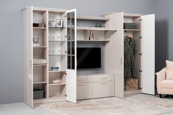 Гостиная Ричфорд композиция 1 с карнизами, кашемир 5981 BS, моно керамика D166-2 ПВХ, белый PE шагрень (собирается на любую сторону)