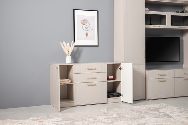 Гостиная Ричфорд композиция 2 без карнизов, кашемир 5981 BS, моно керамика D166-2 ПВХ, белый PE шагрень (собирается на любую сторону)