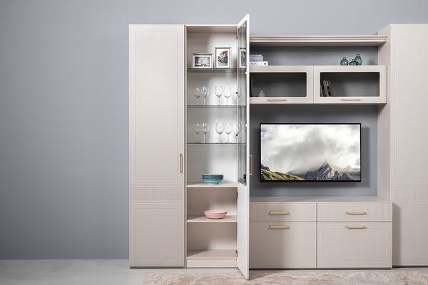 Гостиная Ричфорд композиция 1 с карнизами, кашемир 5981 BS, моно керамика D166-2 ПВХ, белый PE шагрень (собирается на любую сторону)